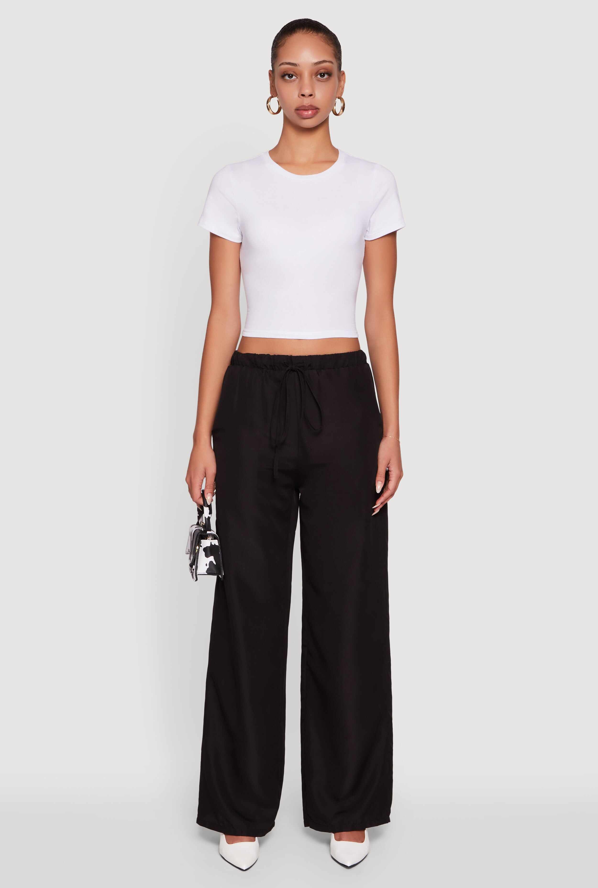 Solid Drawstring Waist Wide Leg Pants