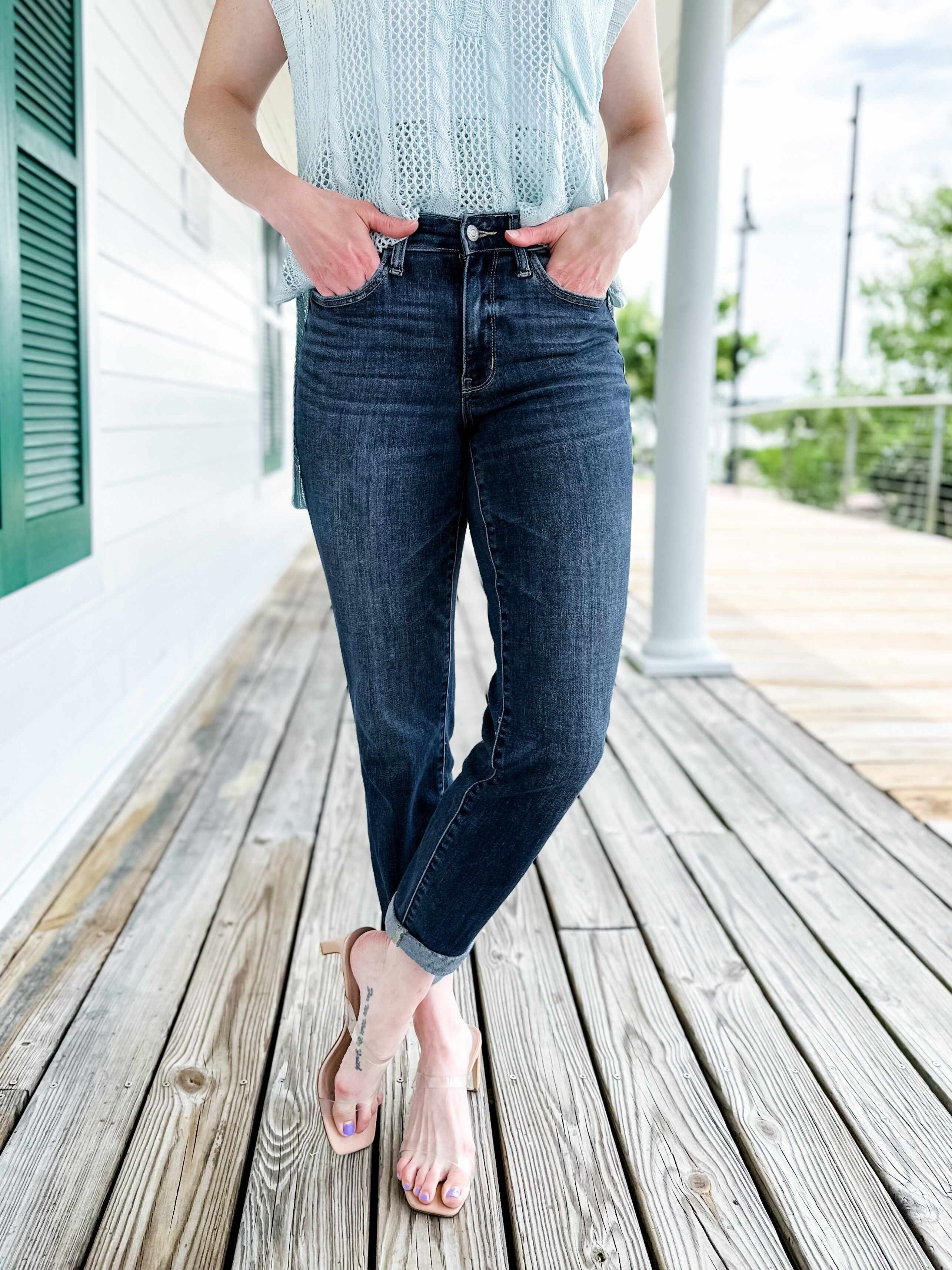 🔥Hot Sales🔥My Favorite Boyfriend Mid Rise Dark Wash Non Distressed Cuffed Boyfriend Jeans