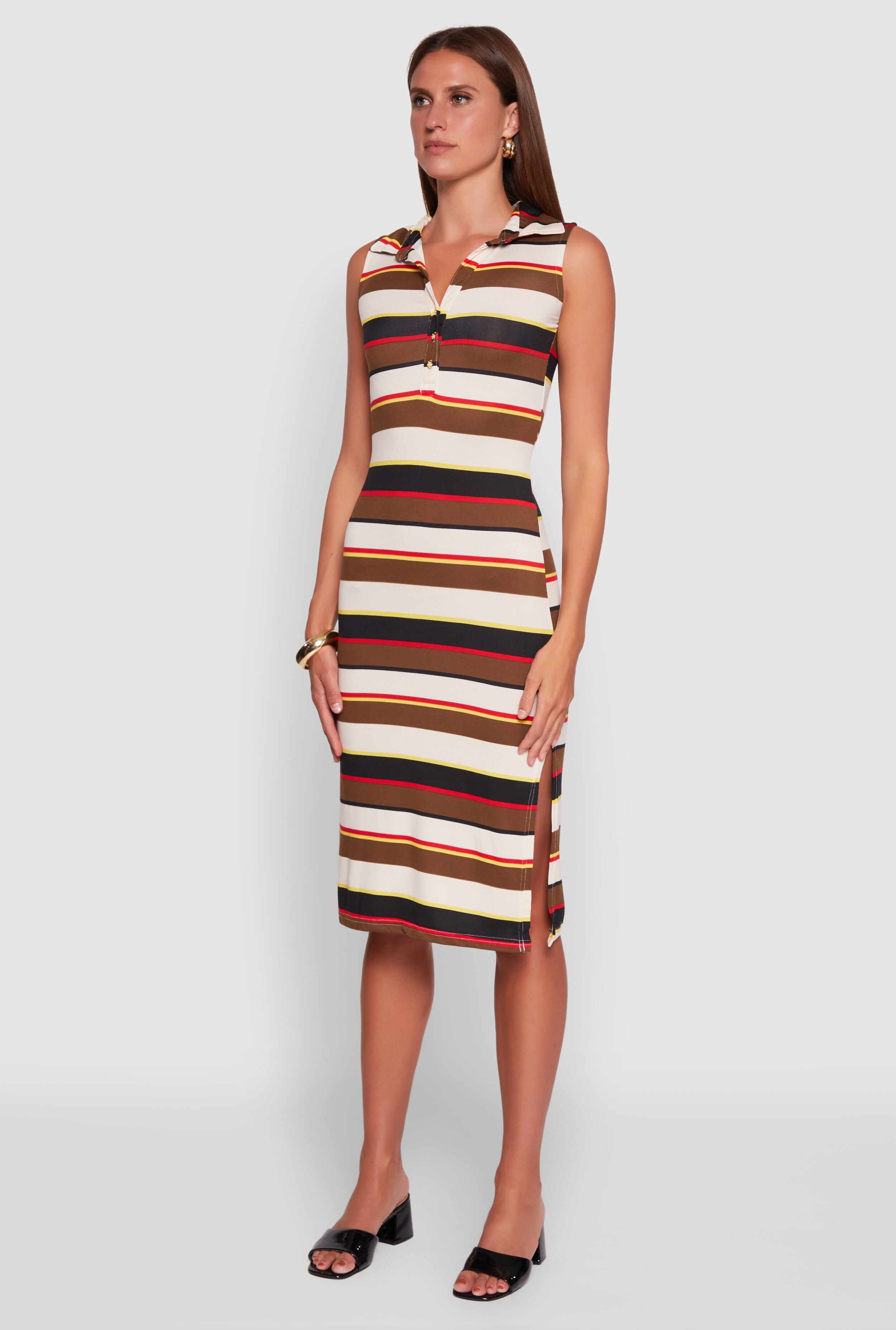 Striped Sleeveless Side Slit Shirt Dress