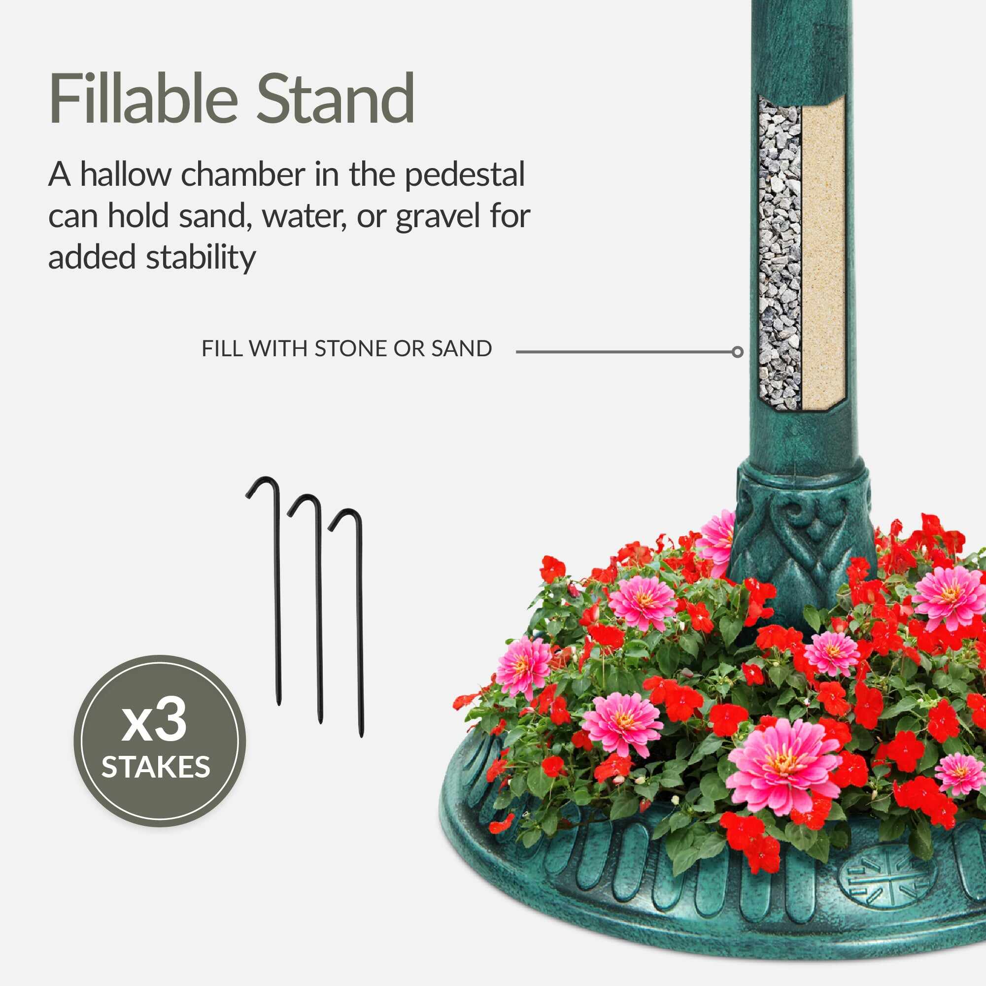 Solar Lighted Outdoor Pedestal Bird Bath w/ Planter, Decorative Bird Cage
