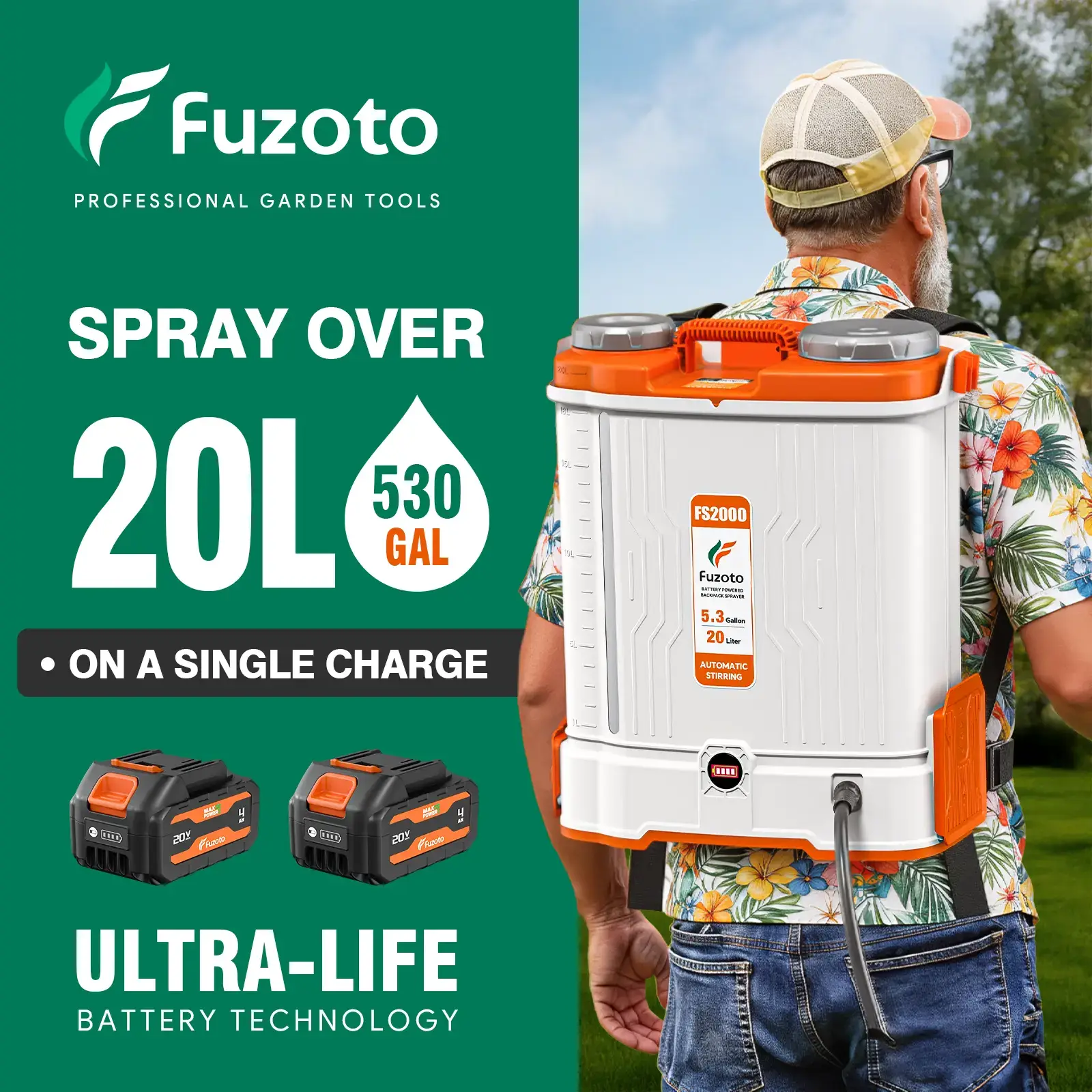 5.3 Gallon Battery Powered Backpack Sprayer, Dual 20V Large Capacity Batteries, 45-90PSI Adjustable Pressure Electric Garden Sprayer with 6 Spray Nozzles for Lawn Yard Father’s Day Gift