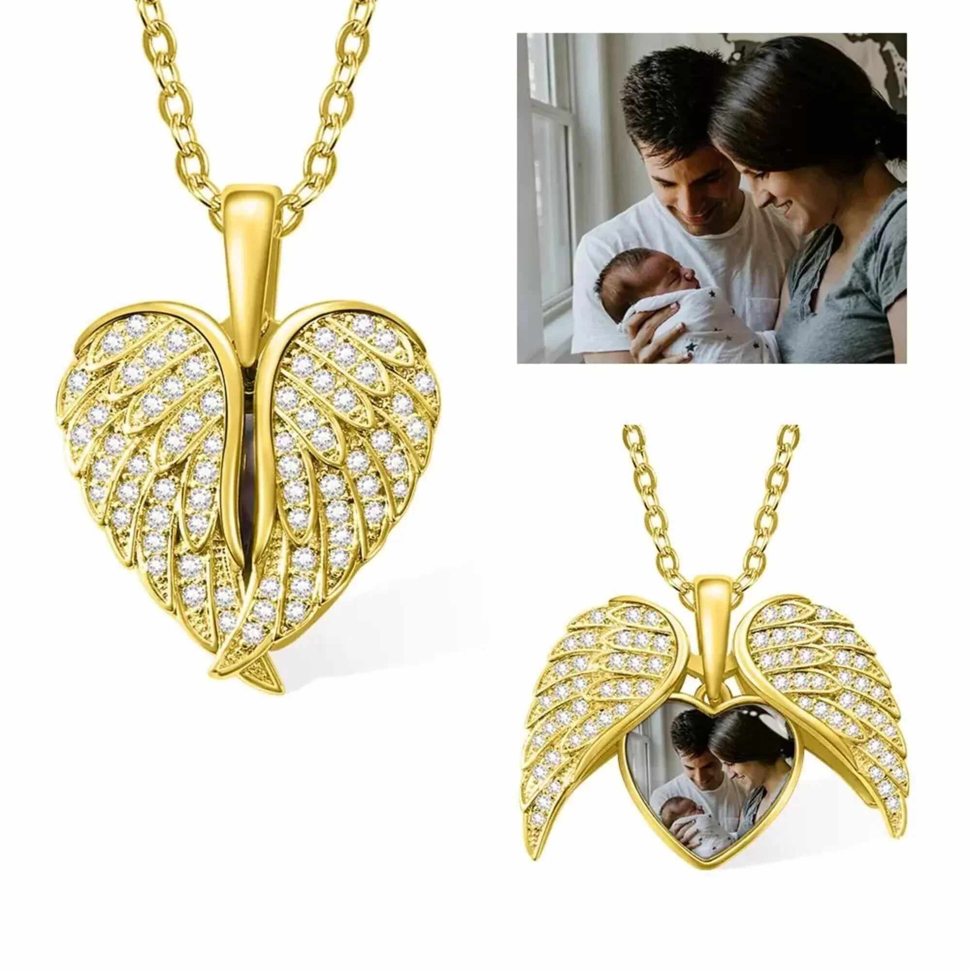 Heart Shape Angel Wing Photo Locket Necklace Anniversary Birthday Gift for Women