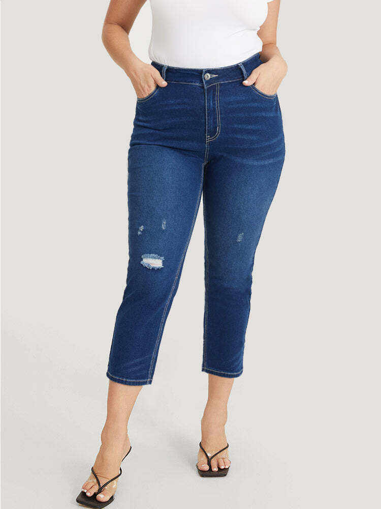 Very Stretchy High Rise Dark Wash Distressed Cropped Jeans