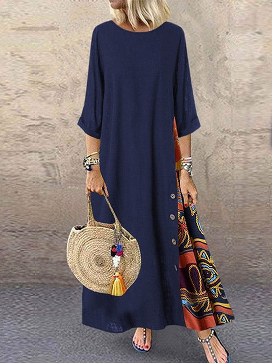 🔥Summer Arrivals🌟Women's Retro Floral Contrast Button Patchwork Cotton And Linen Casual Dress
