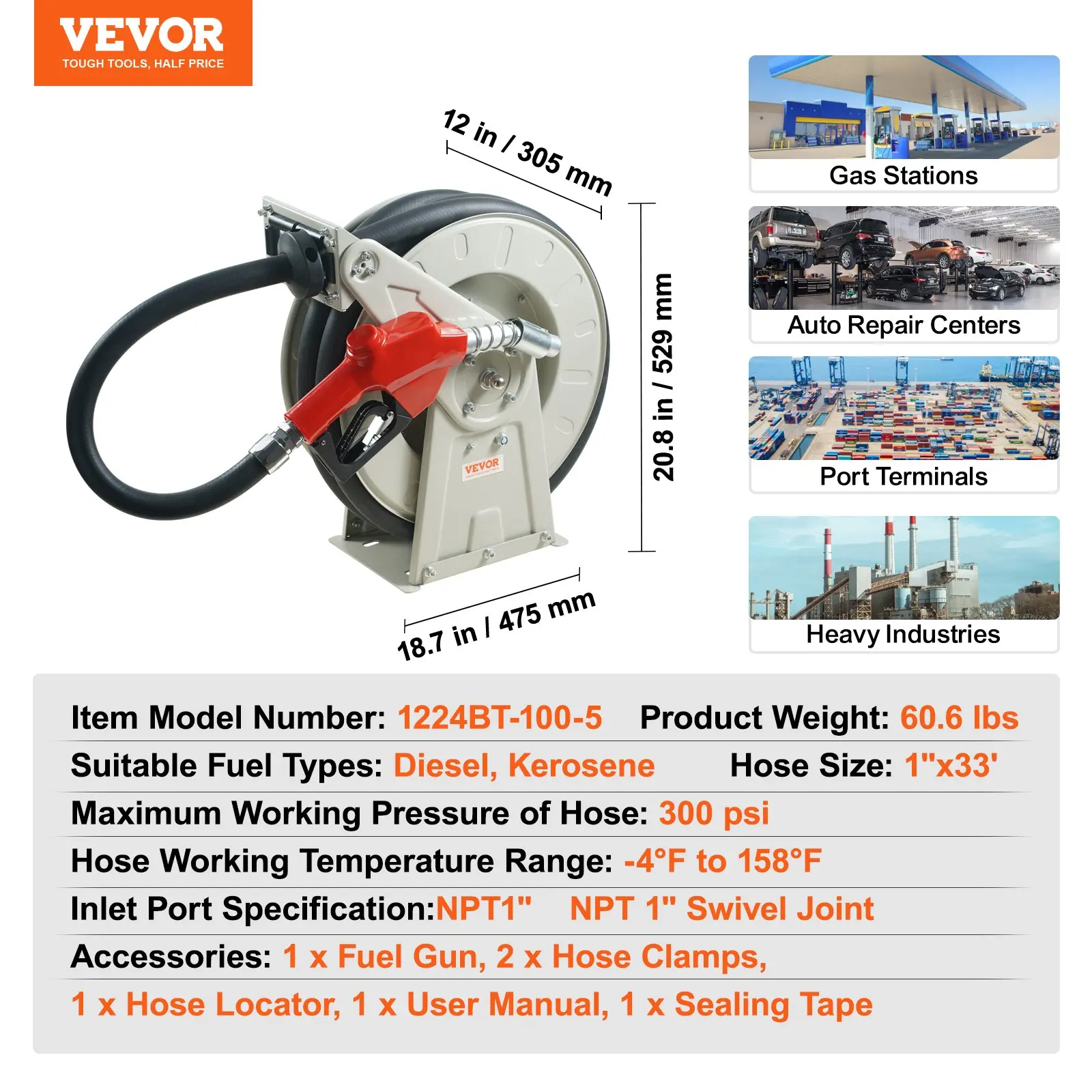 Fuel Hose Reel,Extra Long Retractable Diesel Hose Reel, Heavy-Duty Carbon Steel Construction with Automatic Fuel Nozzle, NBR Rubber Hose for Aircraft Ship Vehicle Tank Truck, 300PSI