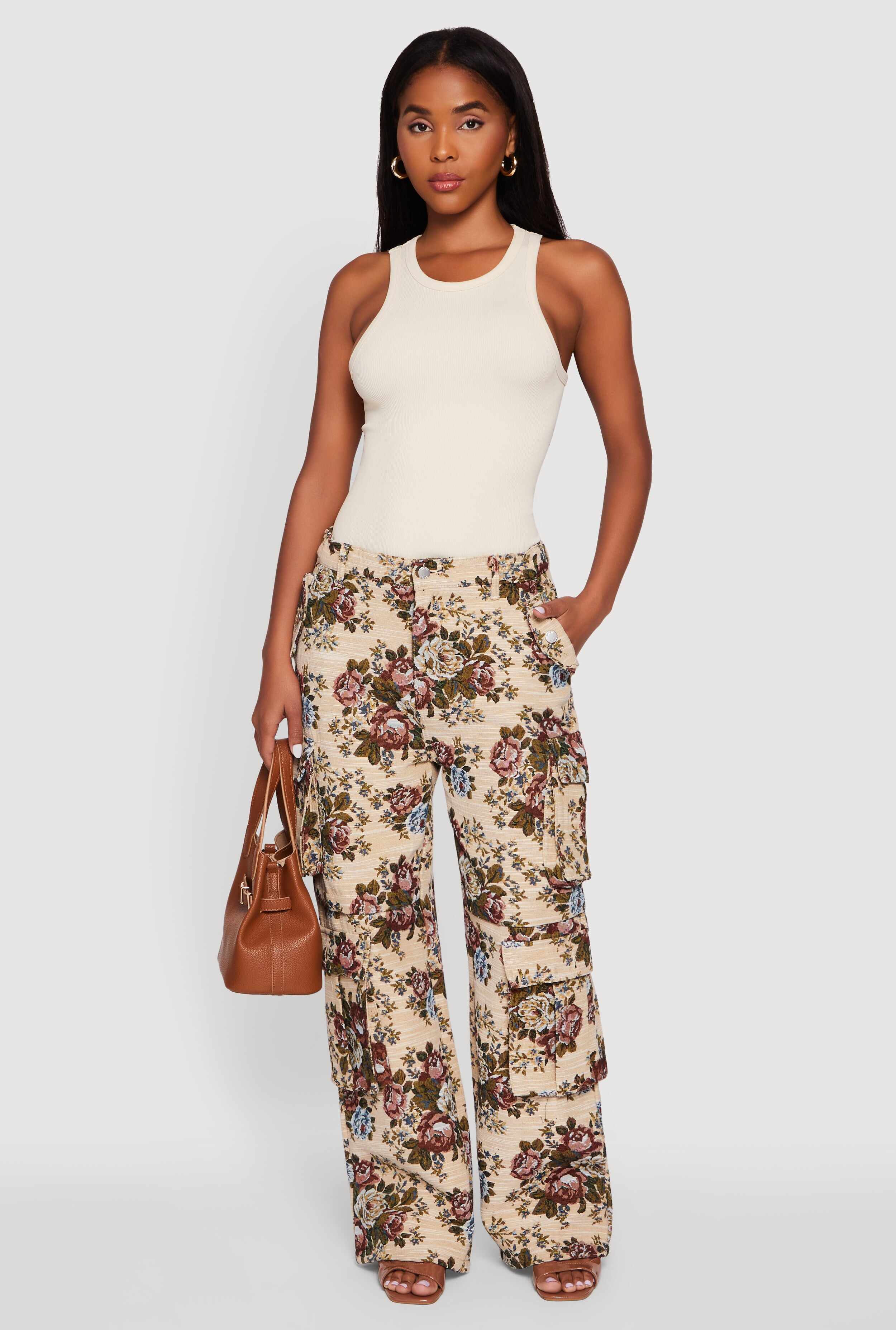 Floral Jacquard Wide Leg Utility Pants