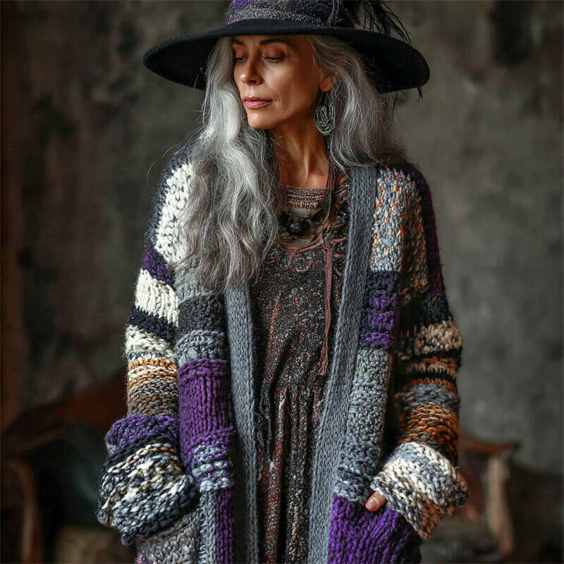 Halloween Witch Inspired Geometric Colorblock Cozy Chunky Cardigan