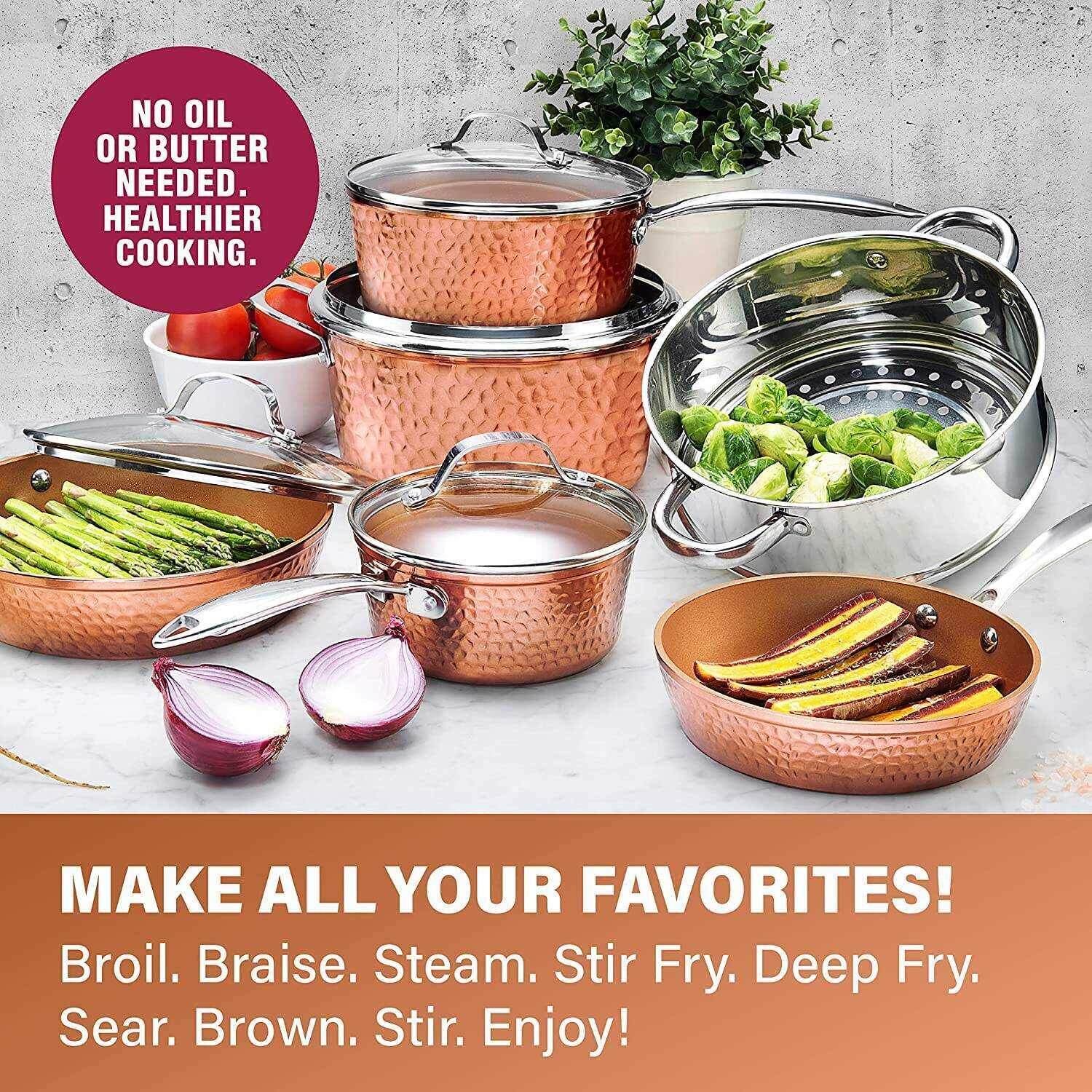 Steel Hammered Pots and Pans Set Nonstick, 15 Pc Elegant Kitchen Cookware Set & Bakeware Set, Ultra Durable Pots and Pans for Cooking with Nonstick Ceramic Coating, Dishwasher Safe, Toxin Free