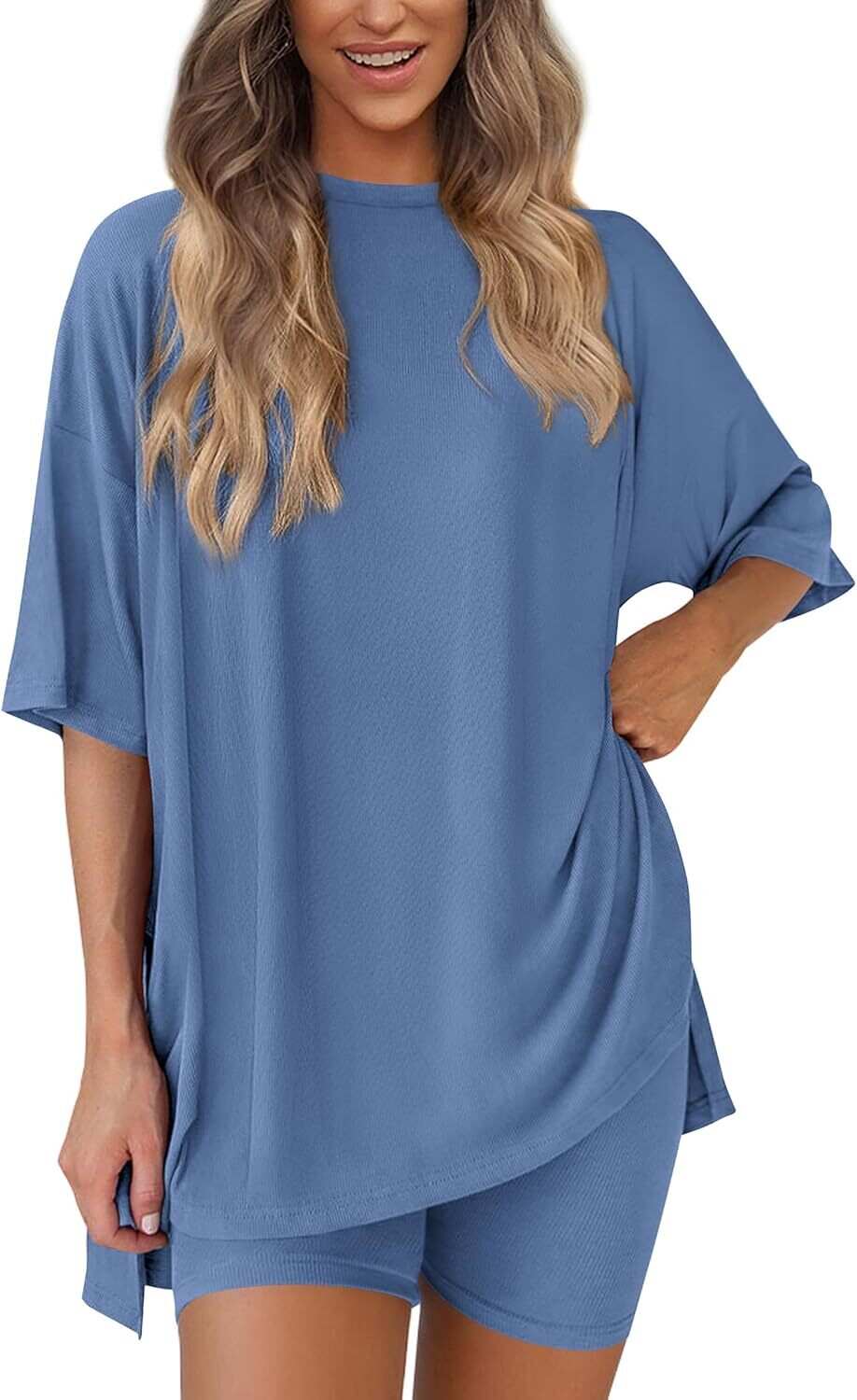 🔥Flash sale🔥Women's Two Piece Lounge Set 2026 Summer Casual Oversized Shirts  Biker Shorts Matching Airport Travel Outfit