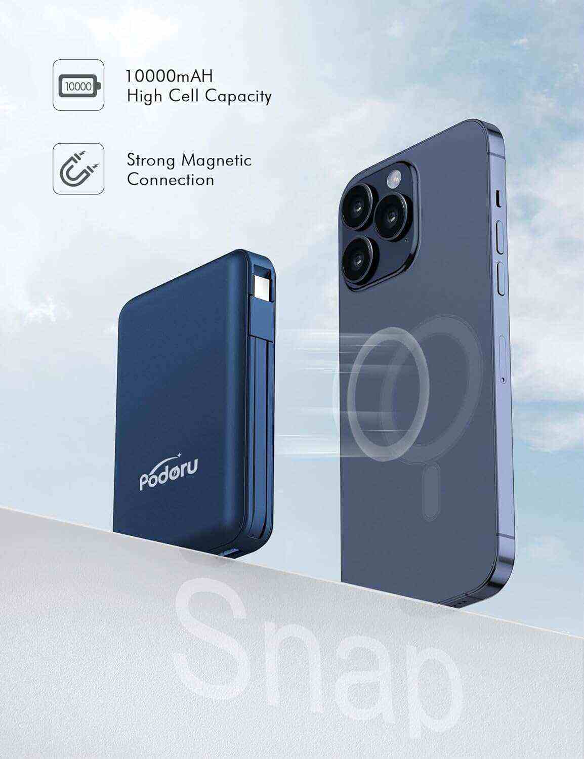 podoru Wireless Portable Charger, 10000mAh Magnetic Power Bank Built-in USB-C Lighting Cables 22.5W PD Fast Charging LED Display Mag-Safe Battery Pack for iPhone 15/14/13/12/Mini/Pro/Pro Max - White