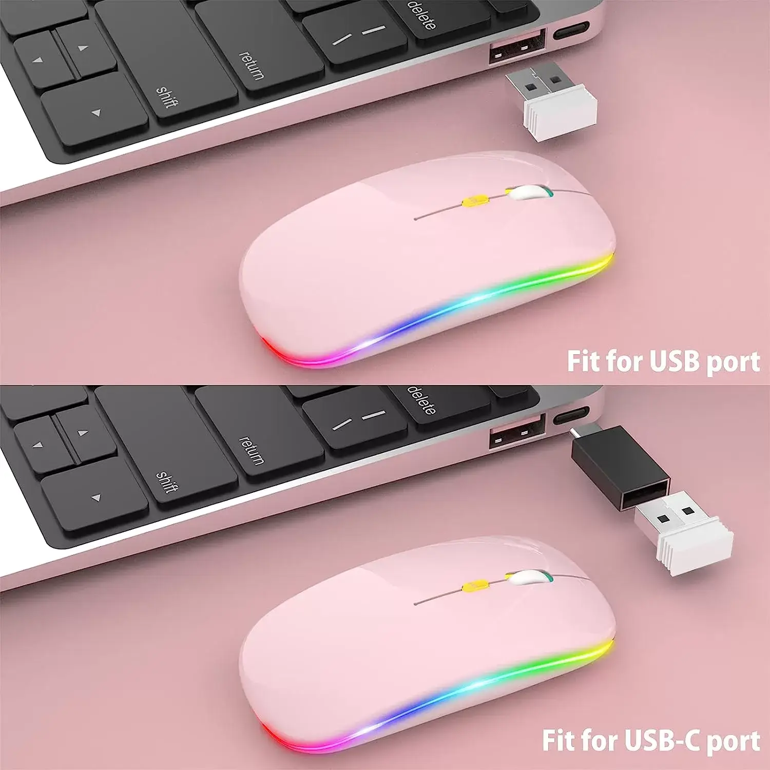 [Upgrade] LED Wireless Mouse, Slim Silent Mouse 2.4G Portable Mobile Optical Office Mouse with USB & Type-c Receiver, 3 Adjustable DPI Levels for Notebook, PC, Laptop, Computer, MacBook (Pink)