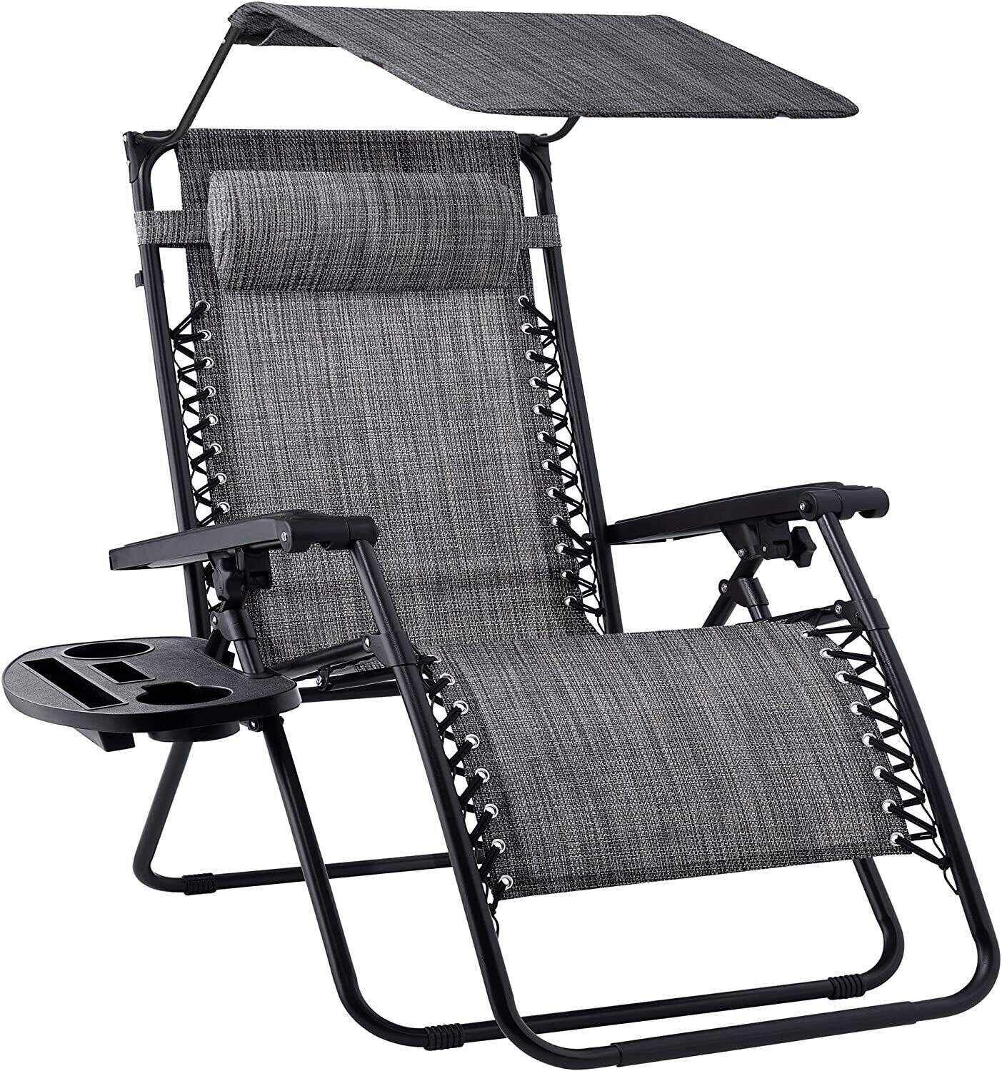 Folding Zero Gravity Recliner Patio Lounge Chair w/Adjustable Canopy Shade, Headrest, Side Accessory Tray, Textilene Mesh - Beige