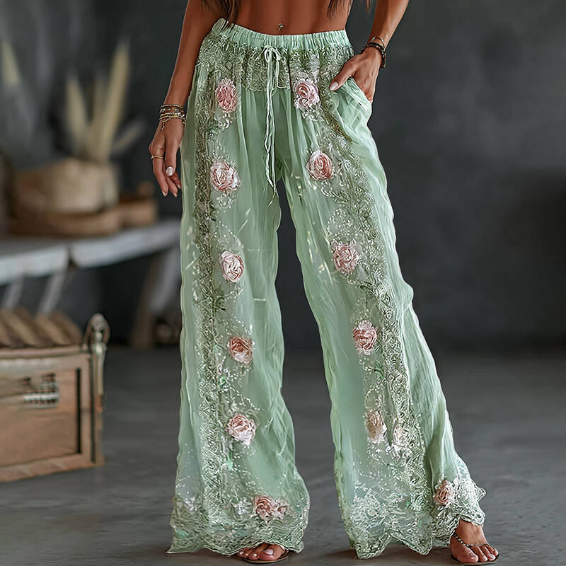 Women's Vintage Spring Floral Embroidered Art Print Flowy Linen Blend Casual Pants
