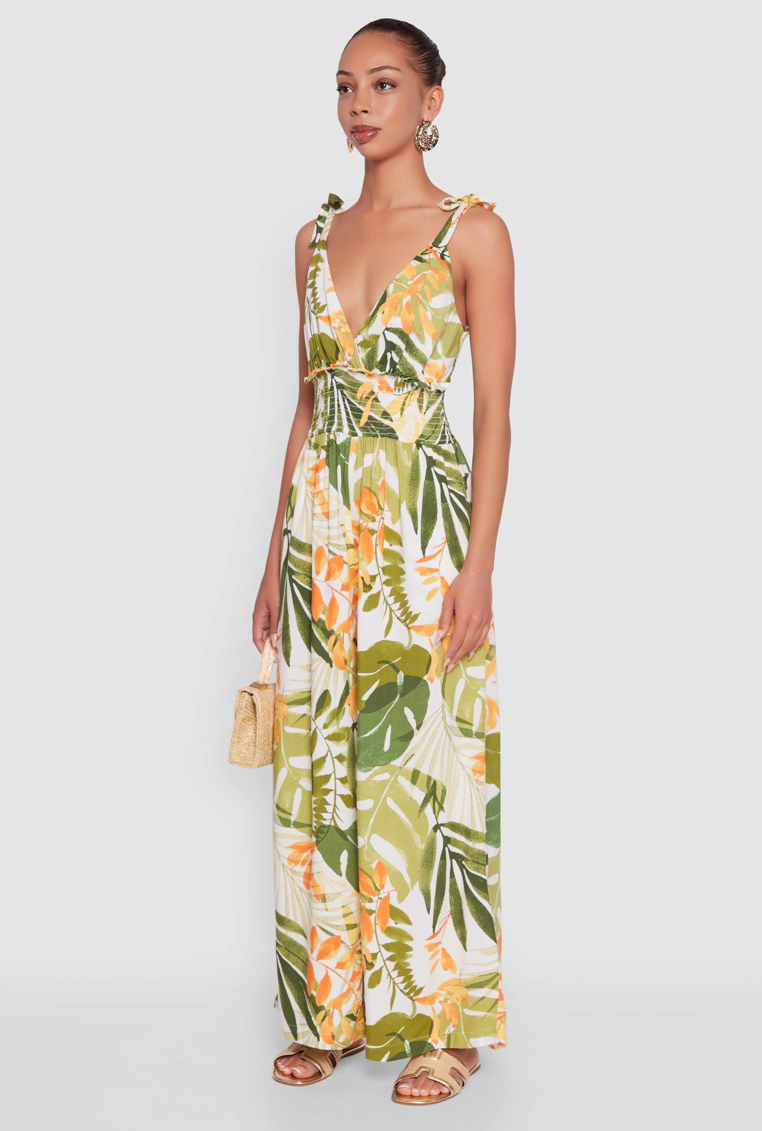 Iris Tropical Leaf Print Sleeveless V-Neck Jumpsuit with Tie Straps