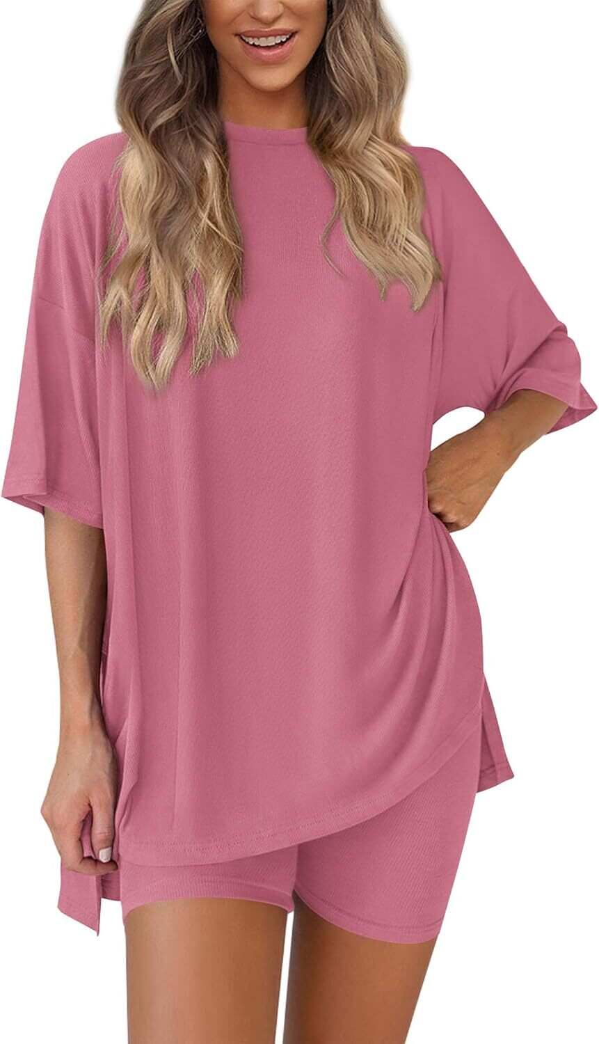 🔥Flash sale🔥Women's Two Piece Lounge Set 2026 Summer Casual Oversized Shirts  Biker Shorts Matching Airport Travel Outfit