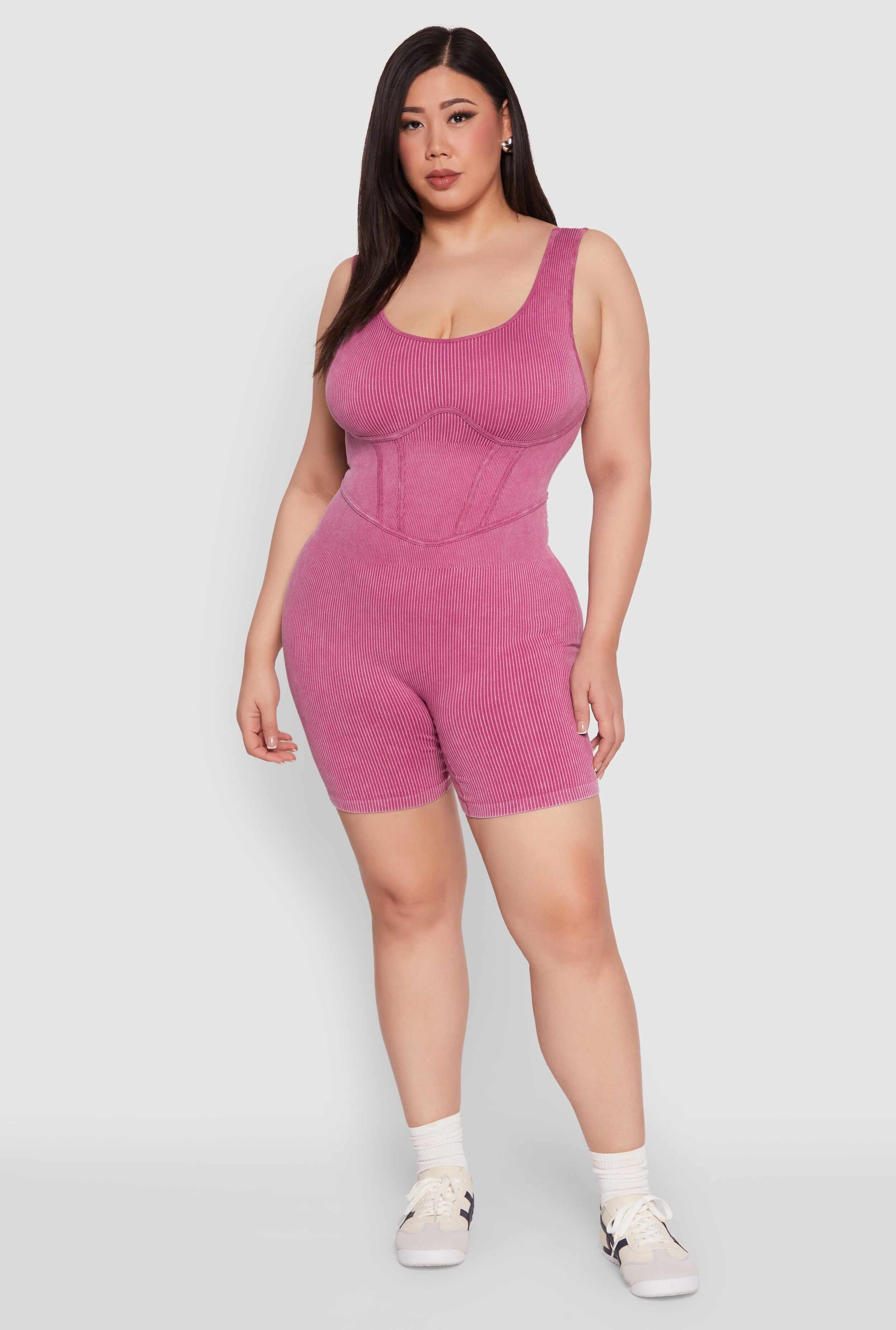 Plus Size Seamless Ribbed Corset Detail Biker Romper