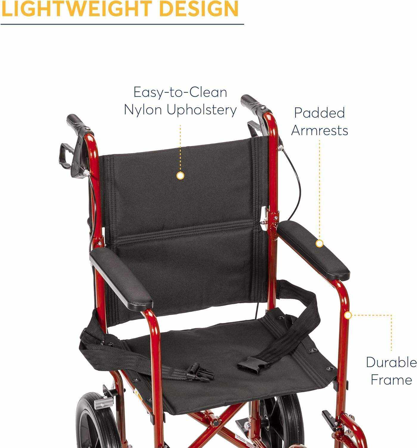 Drive Medical EXP19LTRD Lightweight Expedition Folding Transport Wheelchair with Hand Brakes, Red
