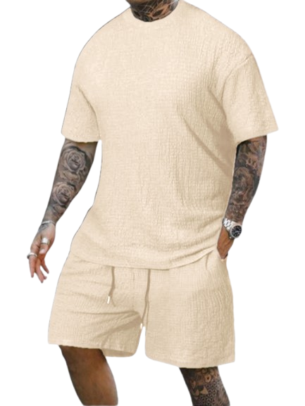 8 Pack-Men's Solid Textured Round Neck Tee & Drawstring Waist Shorts