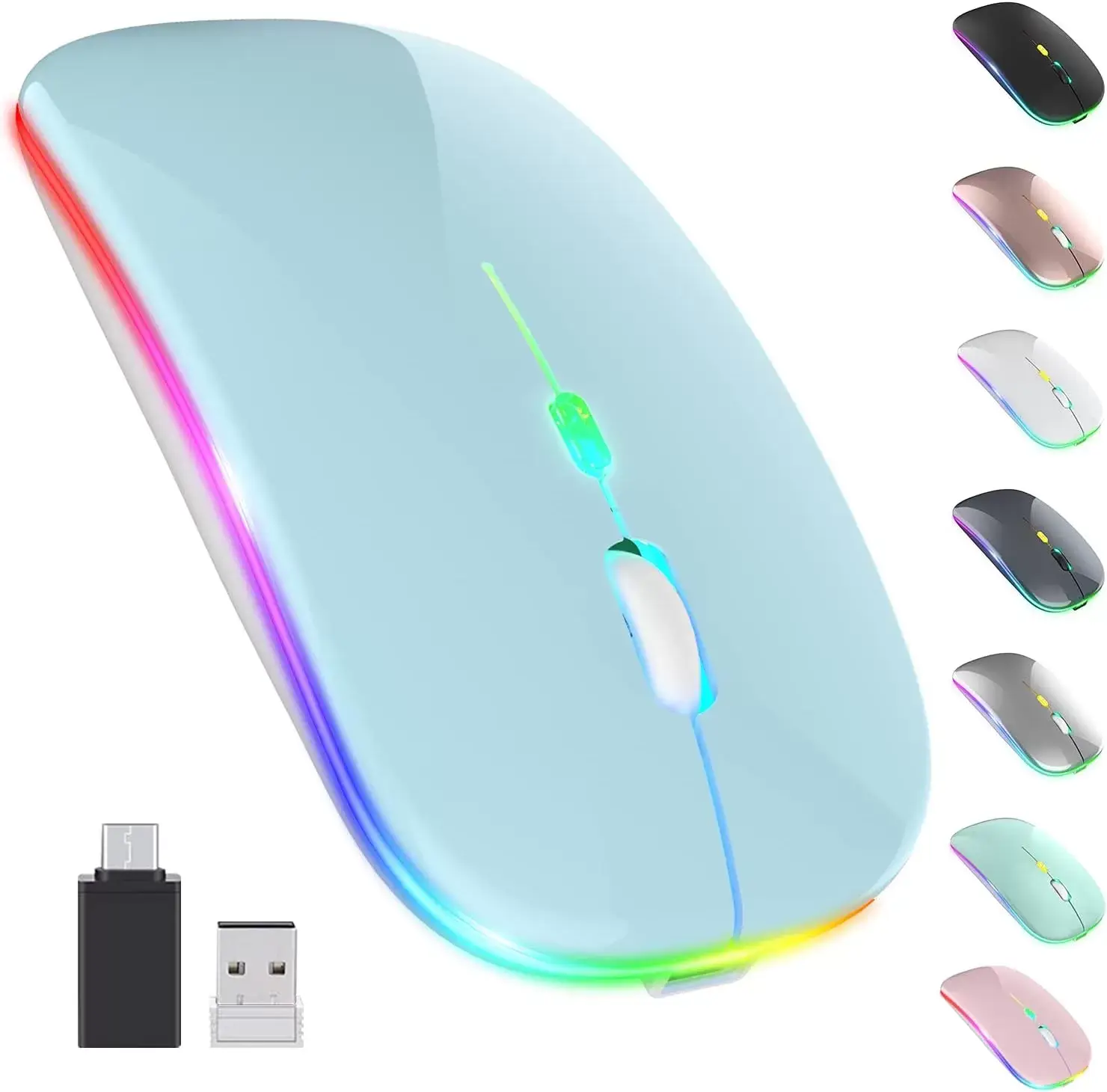 [Upgrade] LED Wireless Mouse, Slim Silent Mouse 2.4G Portable Mobile Optical Office Mouse with USB & Type-c Receiver, 3 Adjustable DPI Levels for Notebook, PC, Laptop, Computer, MacBook (Pink)