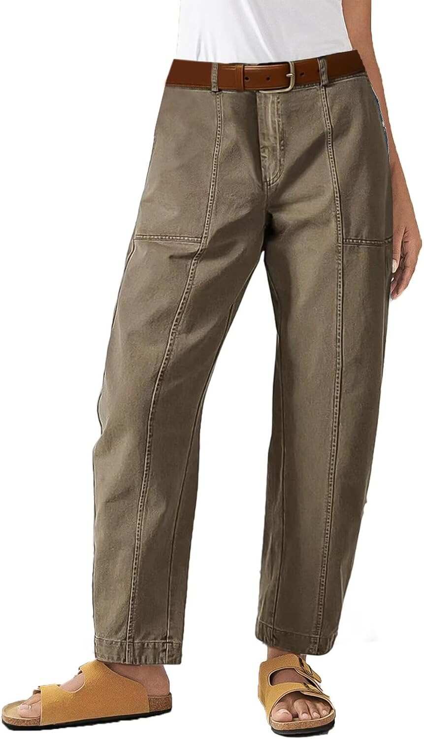 Flamingals Women’s Mid Waist Carrot Straight Leg Pants Casual Fashion Trendy Stitch Detail Crop Pants