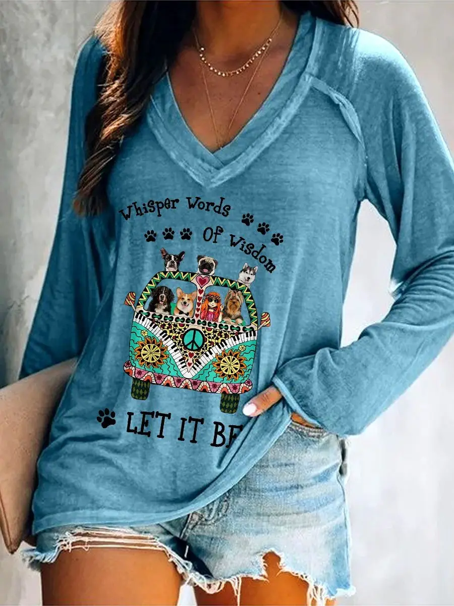Women's Whisper Words Of Wisdom Let It Be Hippie Car Dog Lover Gift Classic V-neck Long Sleeve T-shirt