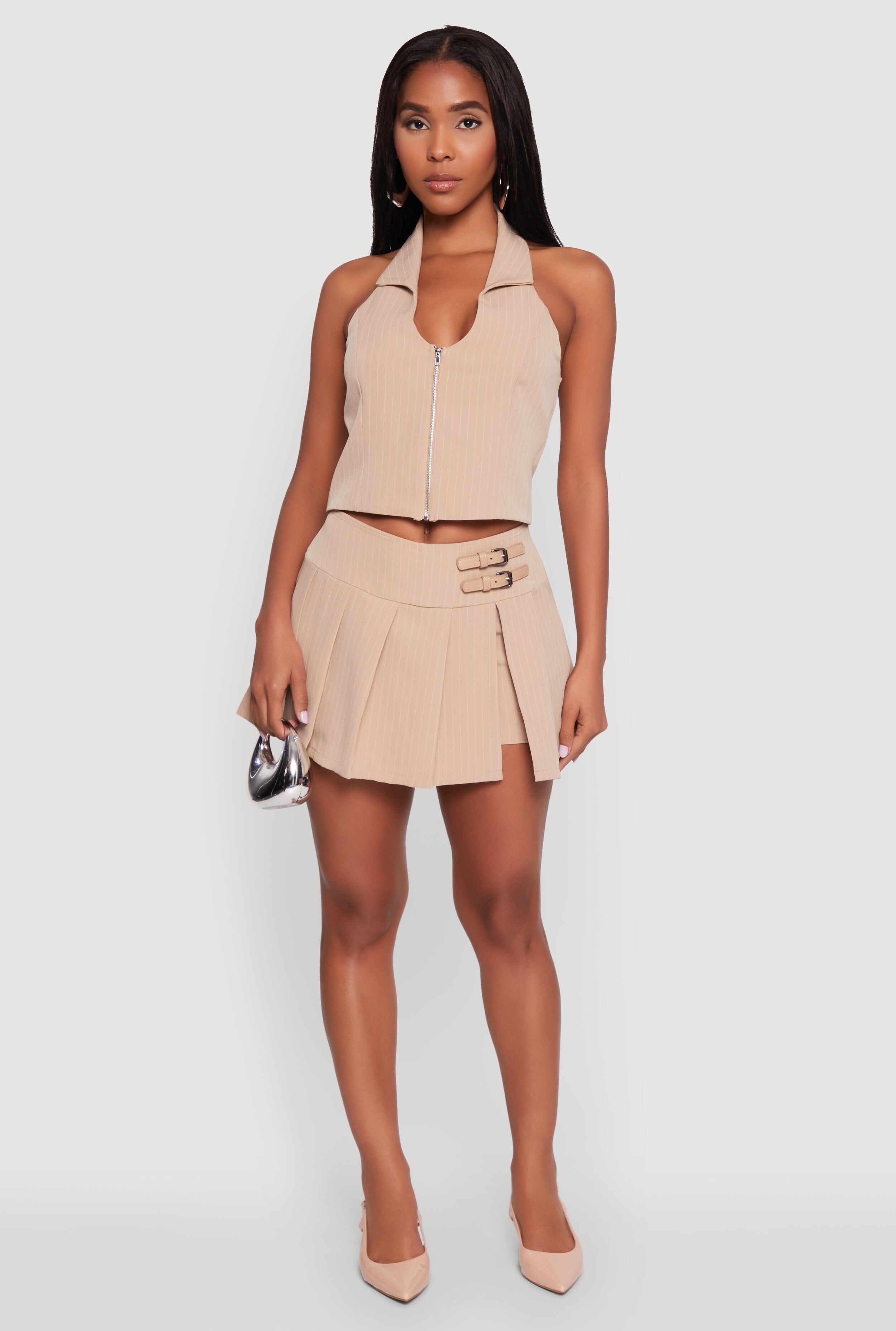 Iris Pinstripe Zip Front Collared Halter Top