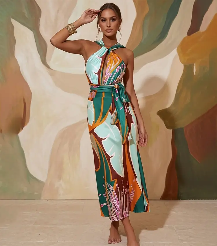 Printed one-piece swimsuit and skirt