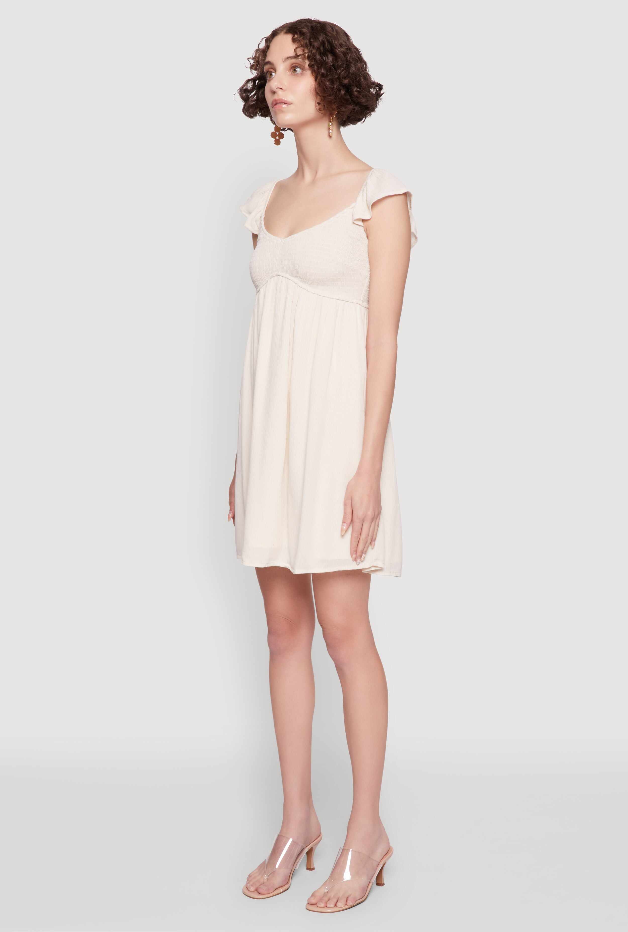 Smocked Flutter Sleeve Empire Waist Mini Dress