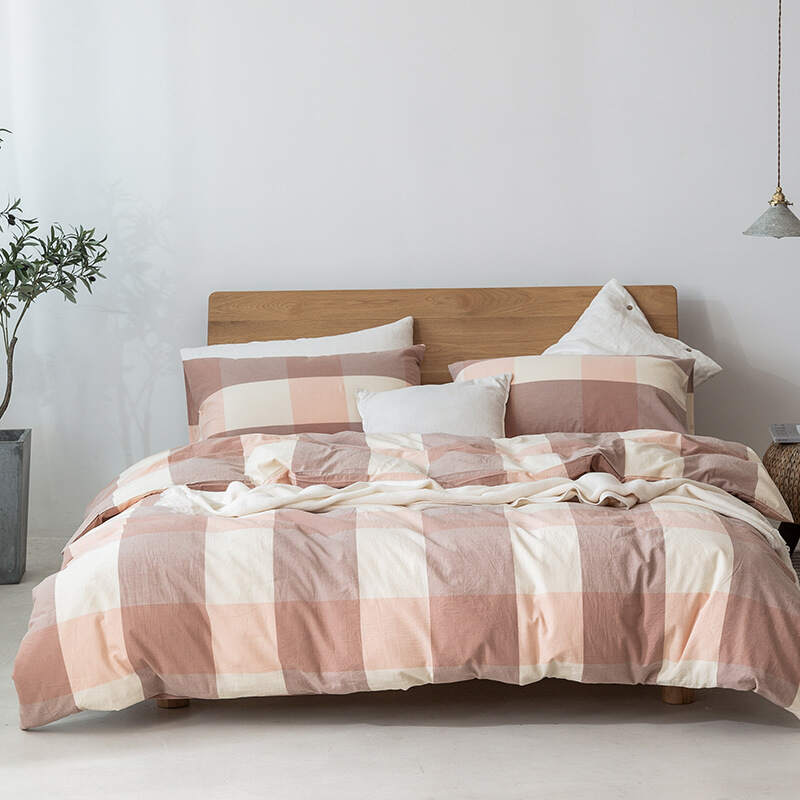 Washed Cotton Bed Sheet Set - Brown & Pink plaid
