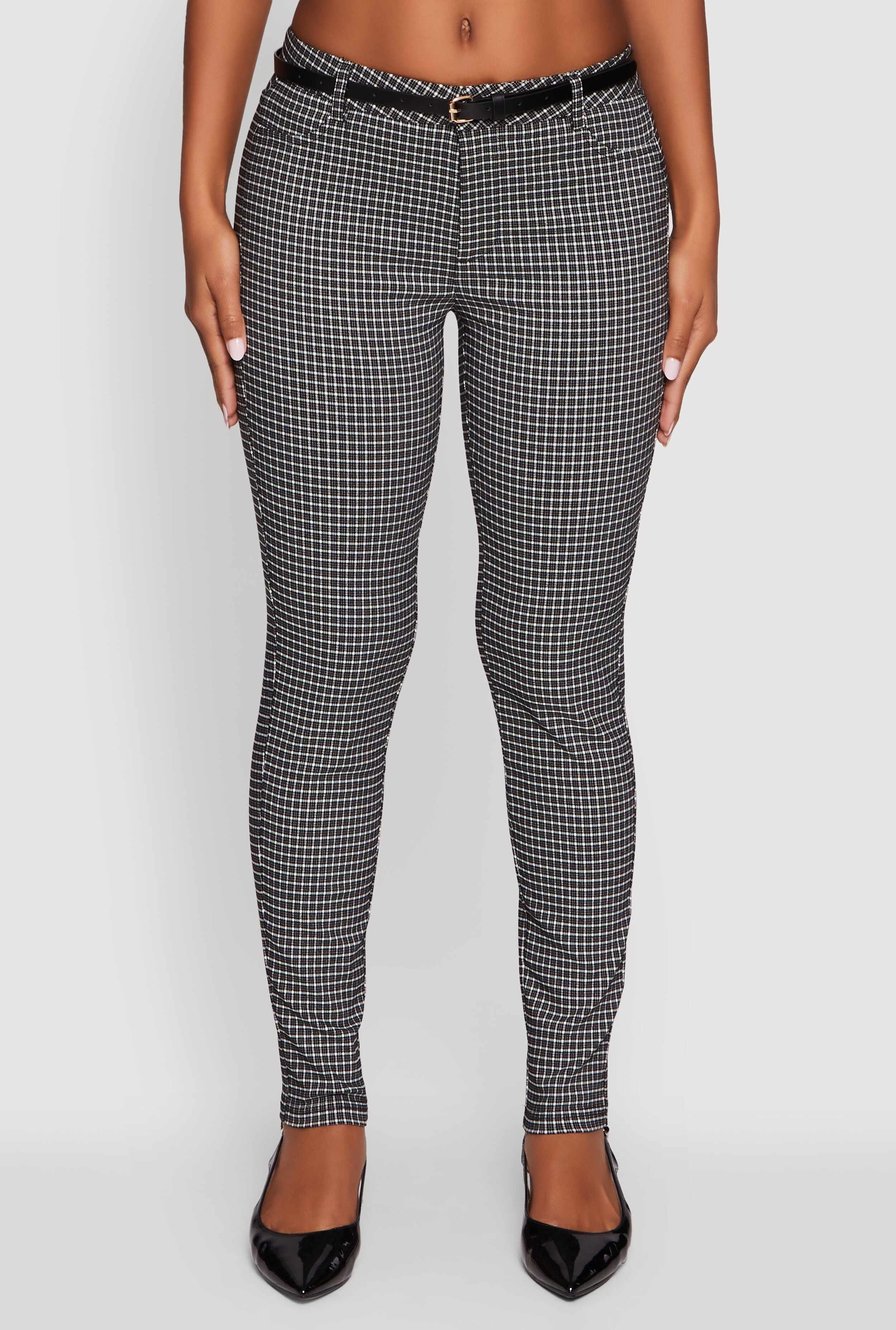 Plaid Skinny Leg Dress Pants with Belt