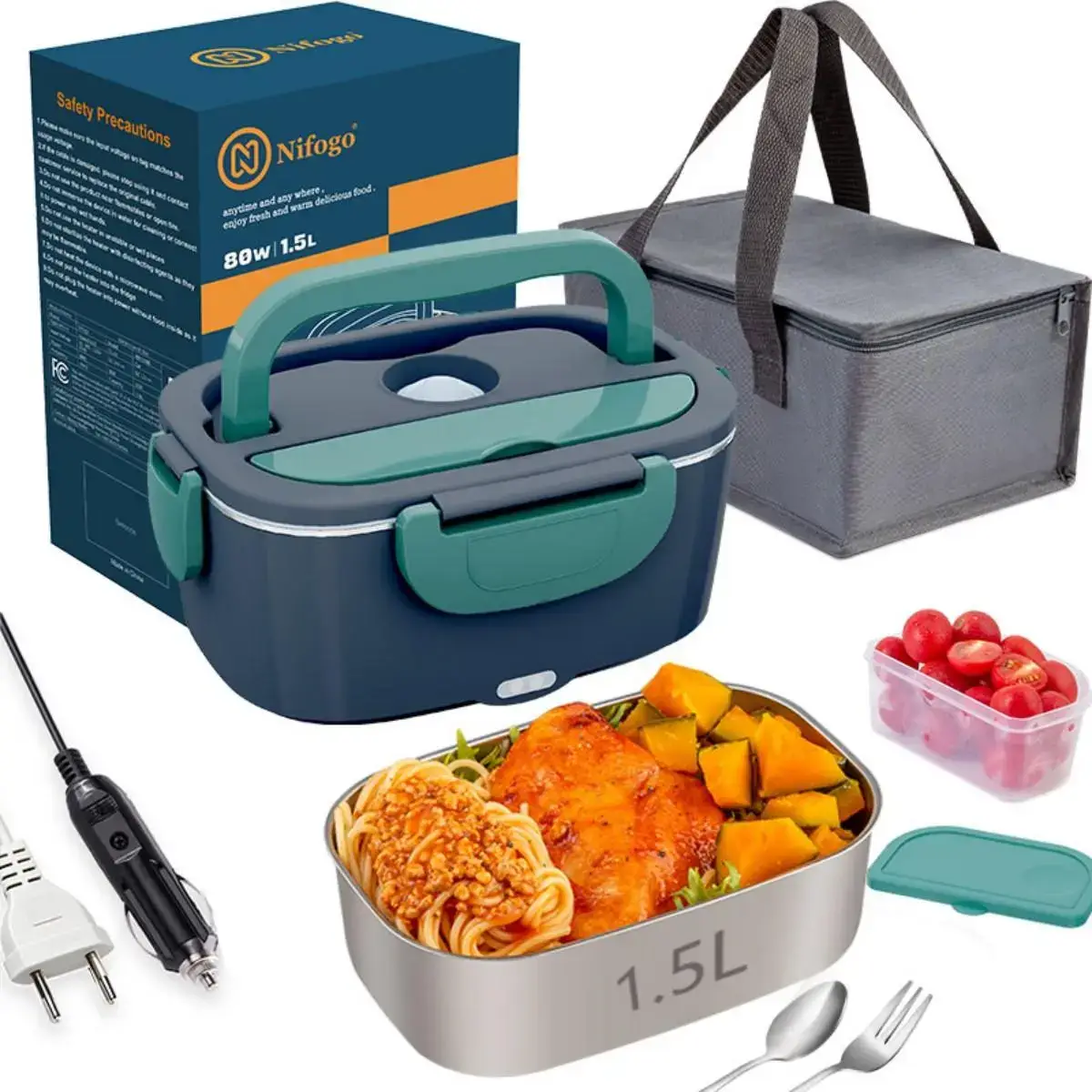80W Electric Lunch Box Leakproof Design 1.5L 1.8L Car Portable Food Heater With Cutlery Bag For Office Workers Students
