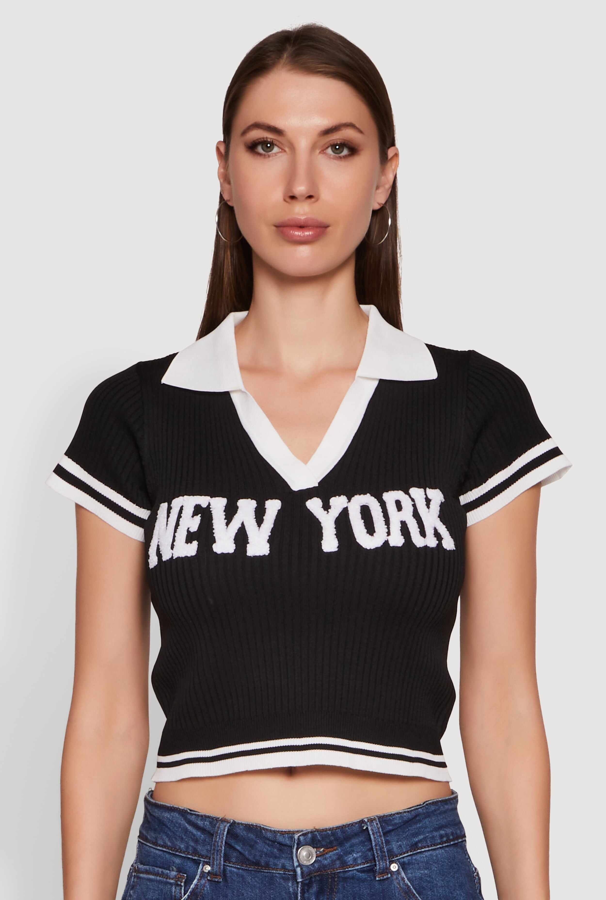 Ribbed Knit Varsity Stripe New York Cropped Polo Top