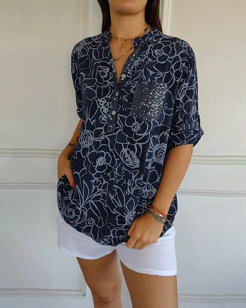 V-Neck Button-Down Printed Blouse
