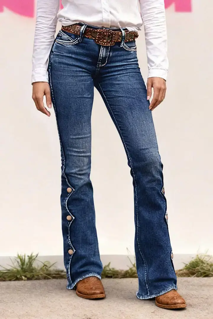 🔥Summer Arrivals🌟Raw Hem Button Side Mid Waist Bootcut Jeans Without Belt