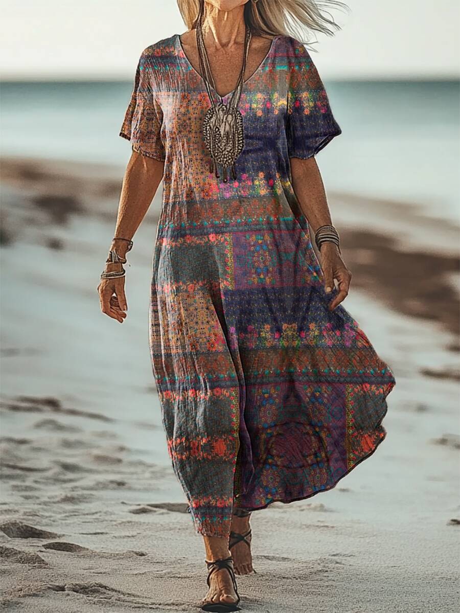 Women's Vintage Ethnic Floral Collage Art Print V Neck Pocket Cotton Dress