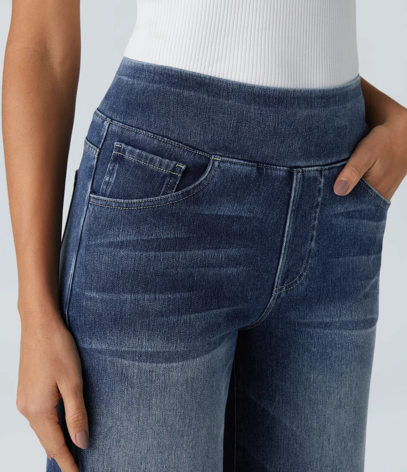 💝Last day promotion⚡High Waisted Multiple Pockets Baggy Wide Leg Washed Stretchy Knit Casual Jeans