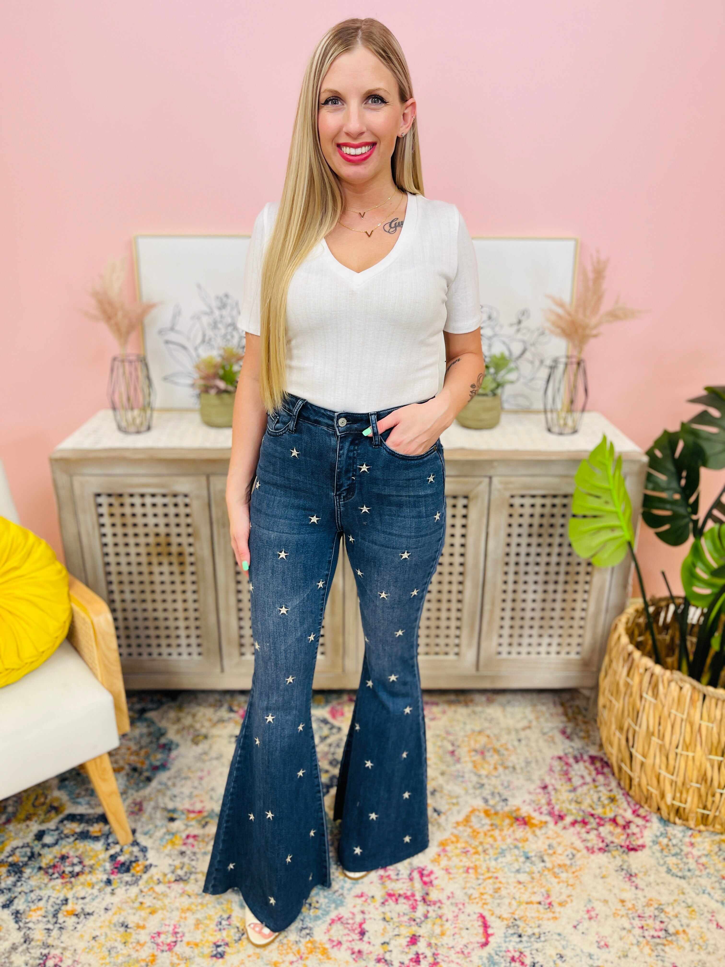 PLUS/REG Wishing On A Star Embroidered Flared Jeans