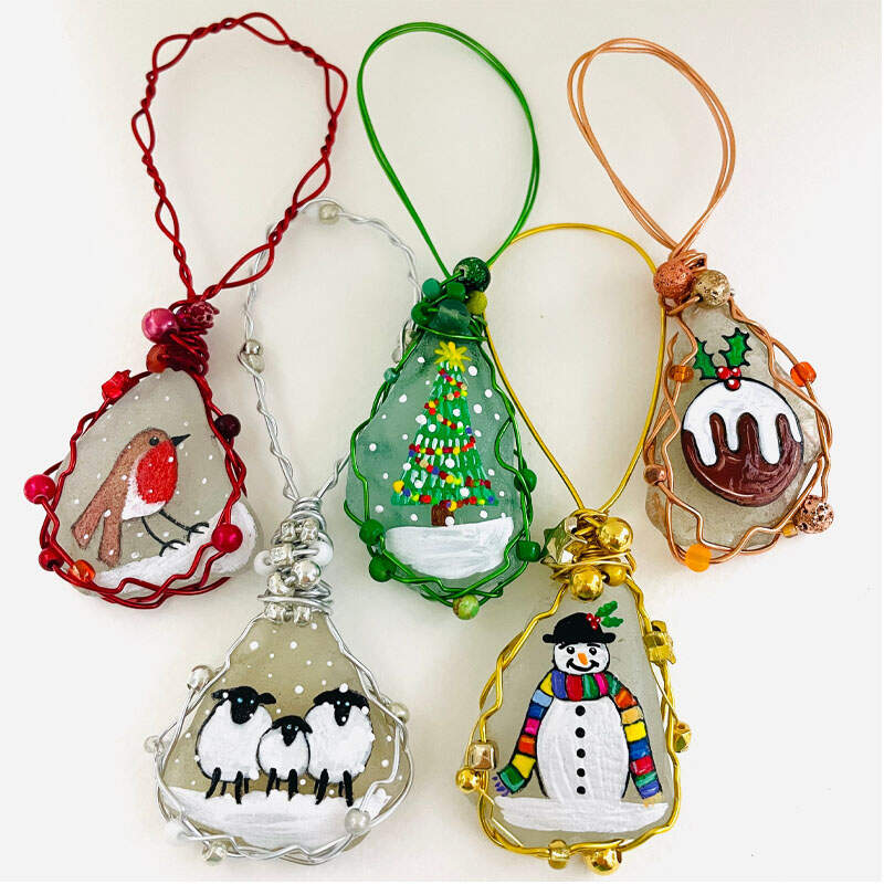 Sea glass hand painted art Christmas tree decorations
