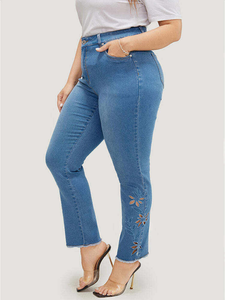 Very Stretchy High Rise Medium Wash Broderie Anglaise Jeans