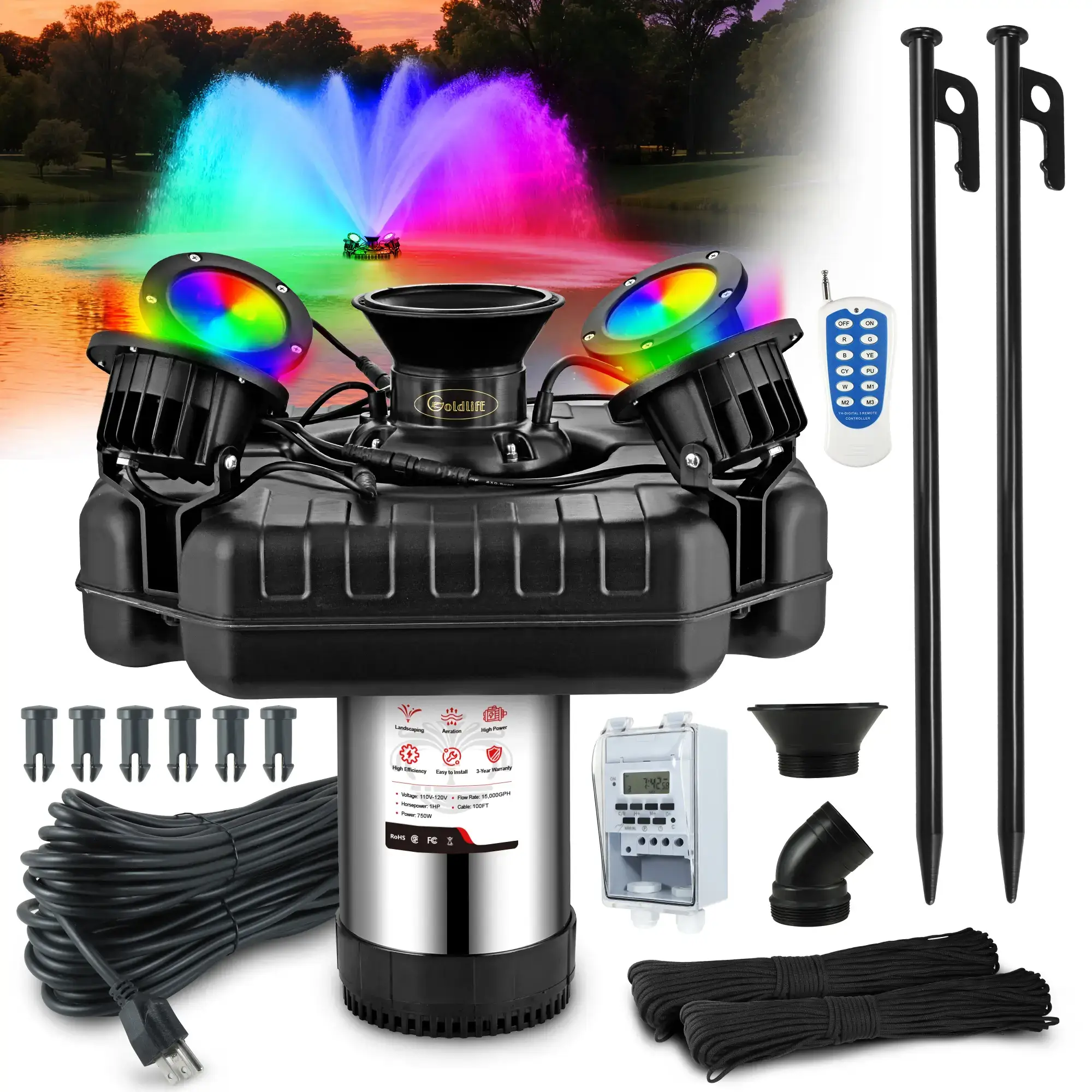 Pond Fountain Aerator, F3 With 4 RGB Lights, 1HP 750W 110V Stainless Steel Floating Fountain With 100FT Power Cord, Octagon Aerating Fountain Pump for Small Large Pond Lake Pool Bay Fish farm