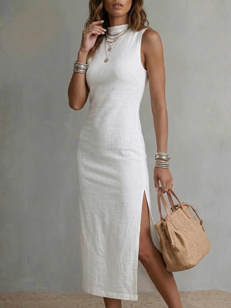 Women's Stand-collar Cotton-linen Vest Dress