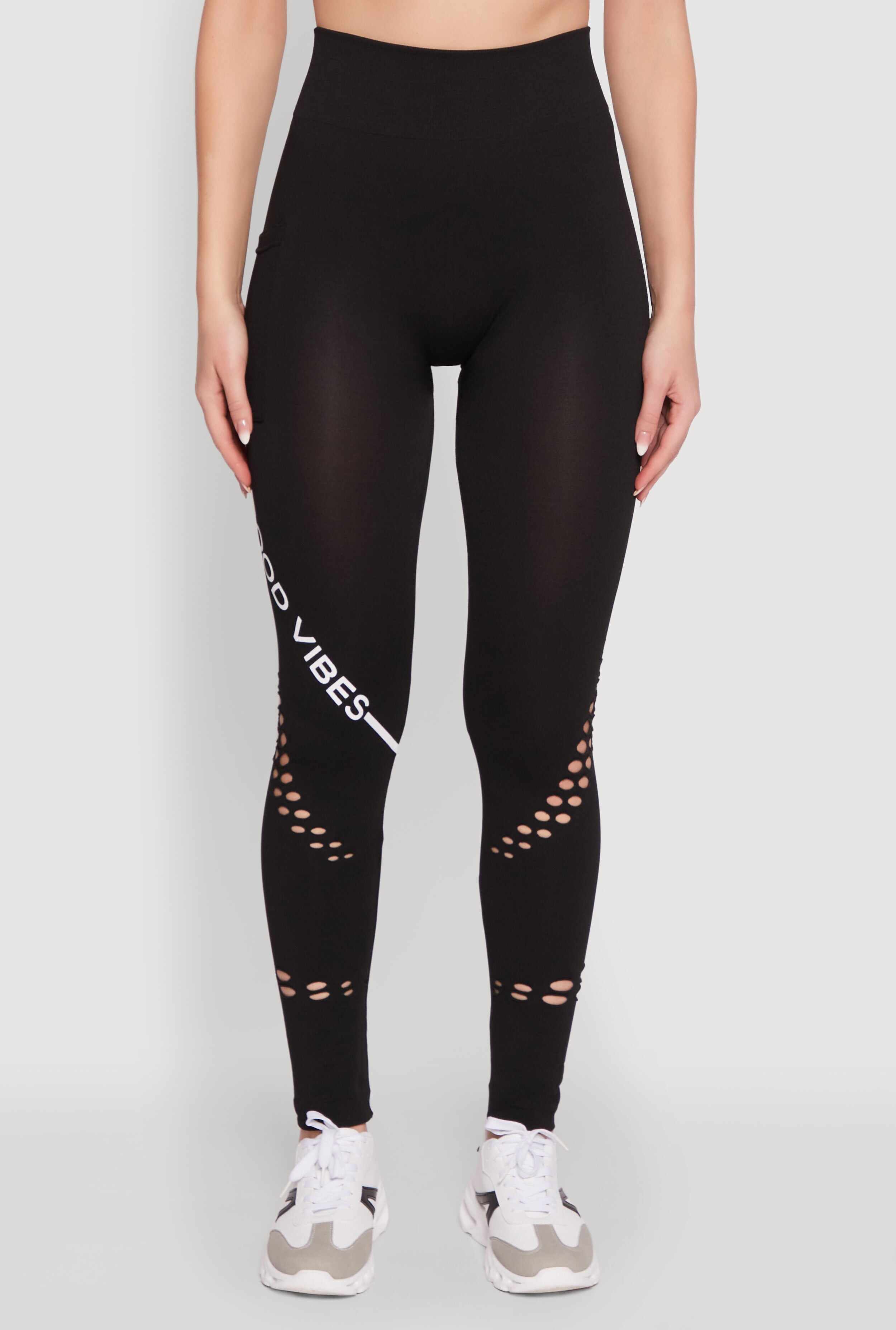 Trendy Good Vibes Graphic Leggings with Booty Lift and Pockets