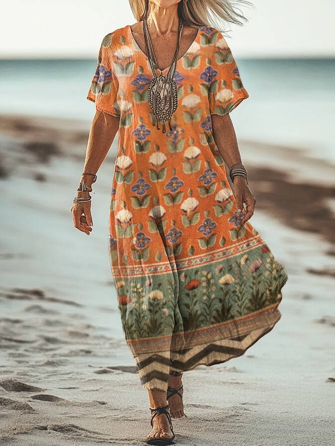 Women's Bohemian Floral Patchwork Print V Neck Short Sleeve Cotton Pocket Dress