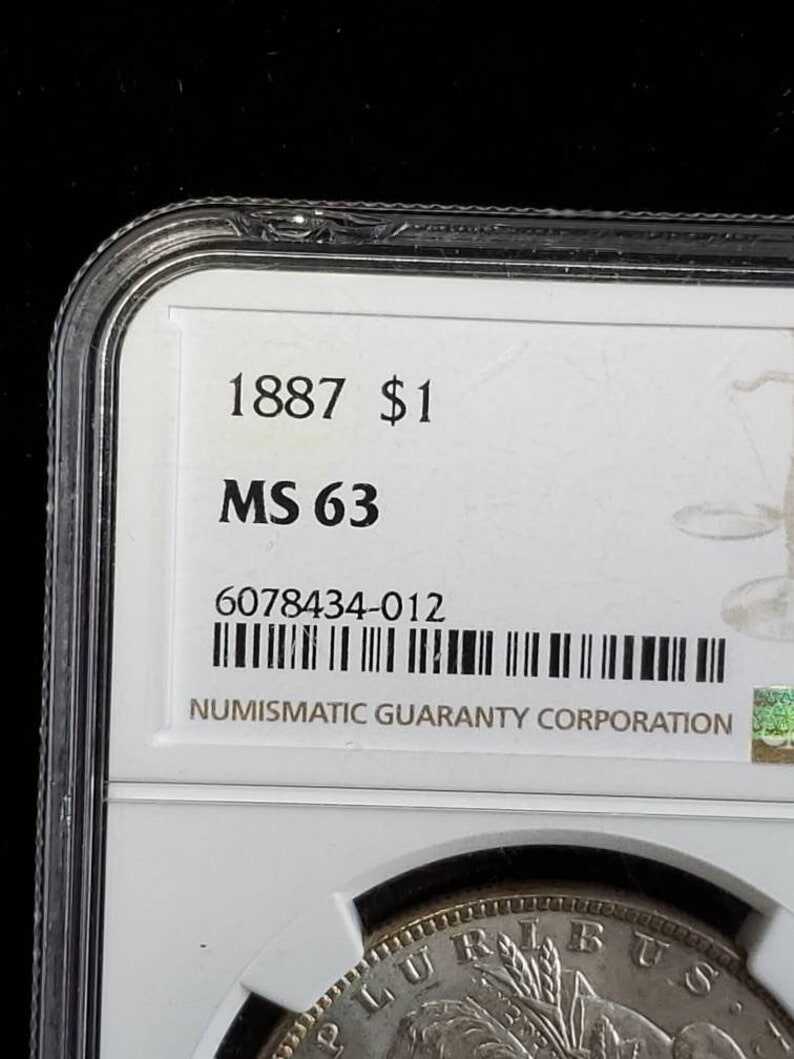 1887   MS 63 Silver Morgan Dollar, NGC  MS 63  Silver Coin  Beautiful toning- small chip on top of the case -  Regular -129   Lot # 1486