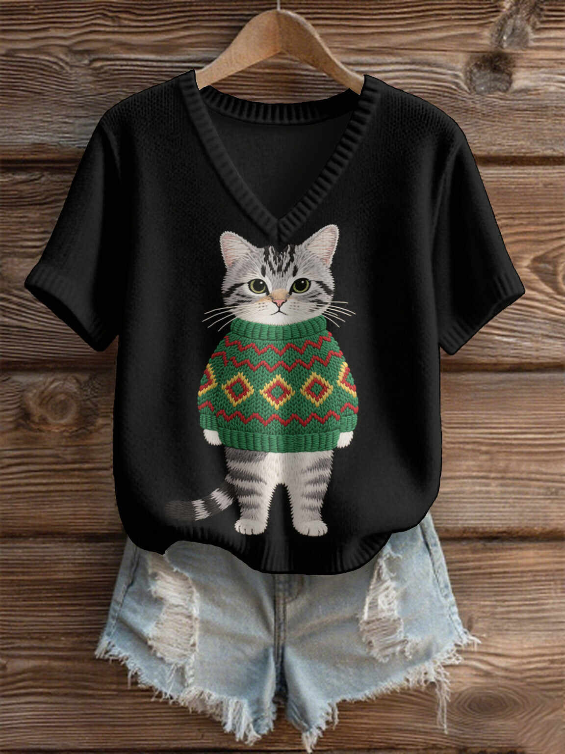 Imitation Sweaters Women's Clothing Short Sleeve V-neck Loose Top