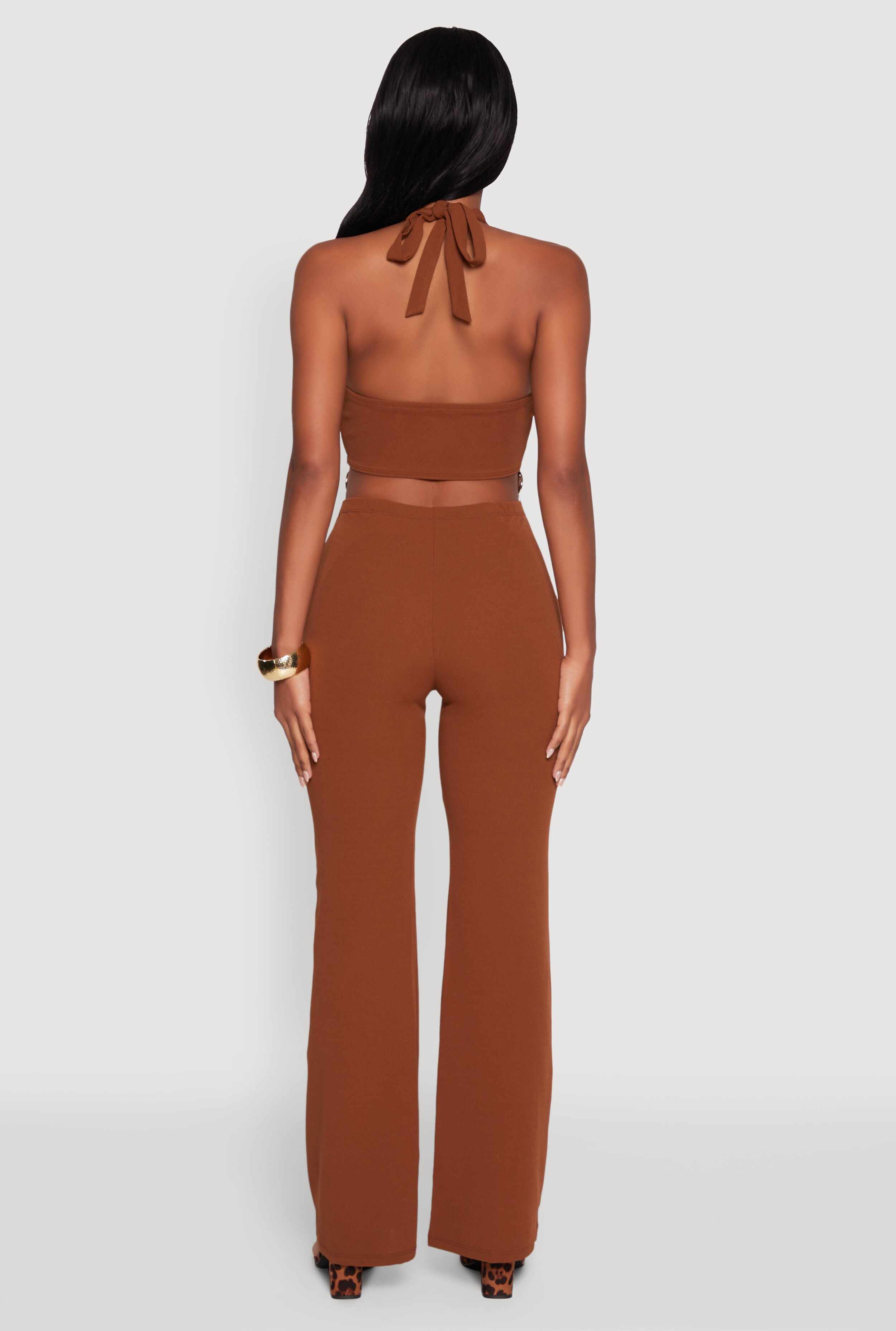 Metallic Detail Plunge Tie Back Halter Jumpsuit