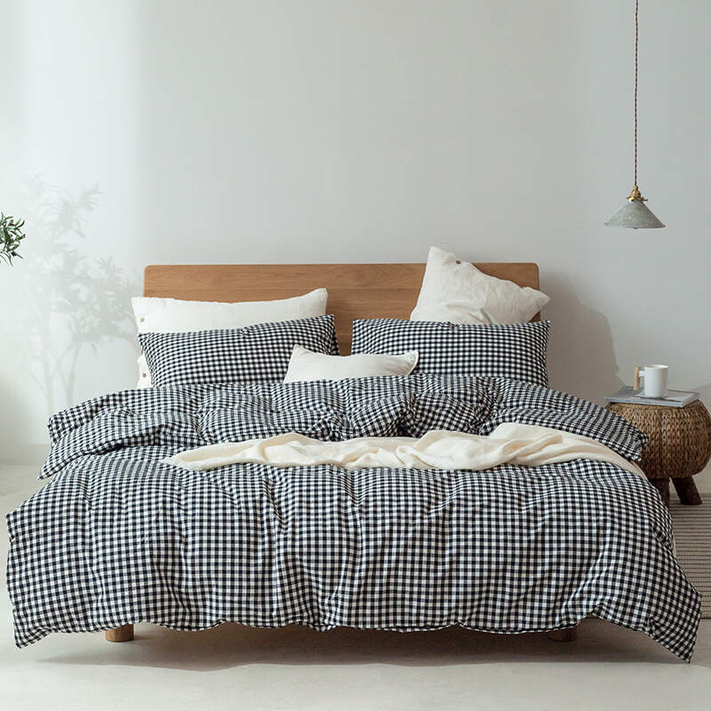 Washed Cotton Bed Sheet Set - Black & White Square