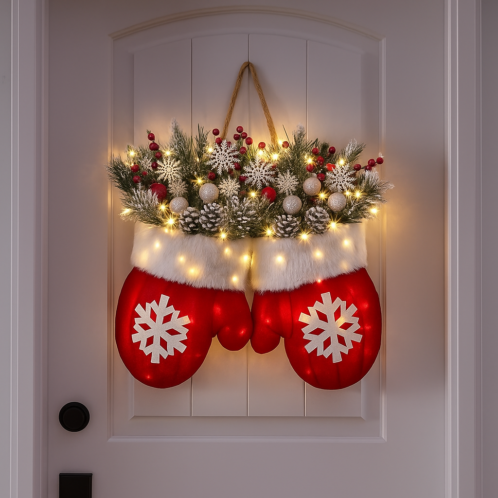 🔥Last Day 50% OFF🔥Twinkling Christmas Mitten Wreath with 120 LED Lights & 10H Auto Timer