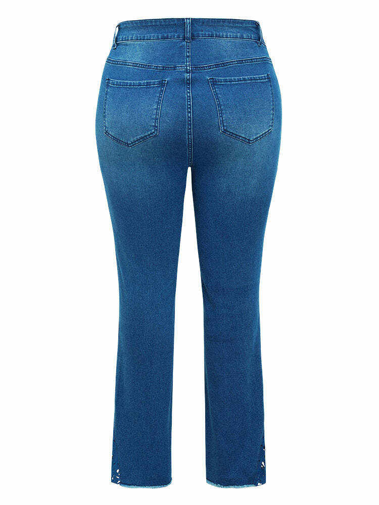 Very Stretchy High Rise Medium Wash Lace Insert Raw Hem Jeans