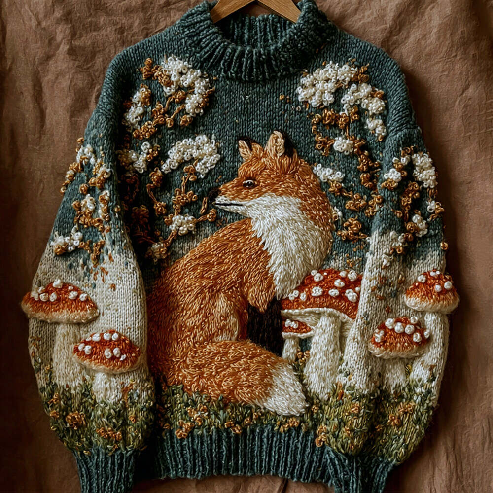 Autumn Fox & Mushroom Knit Embroidered Women's Sweater